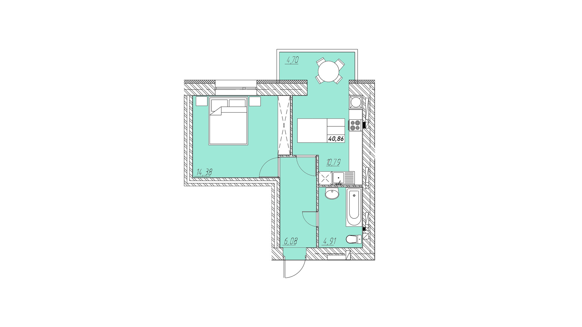 Планировка 1-комнатной квартиры в ЖК на Шептицкого 40.86 м², фото 665909
