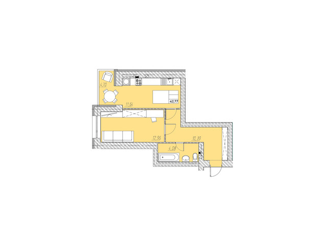 ЖК на Шептицкого: планировка 1-комнатной квартиры 43.77 м²