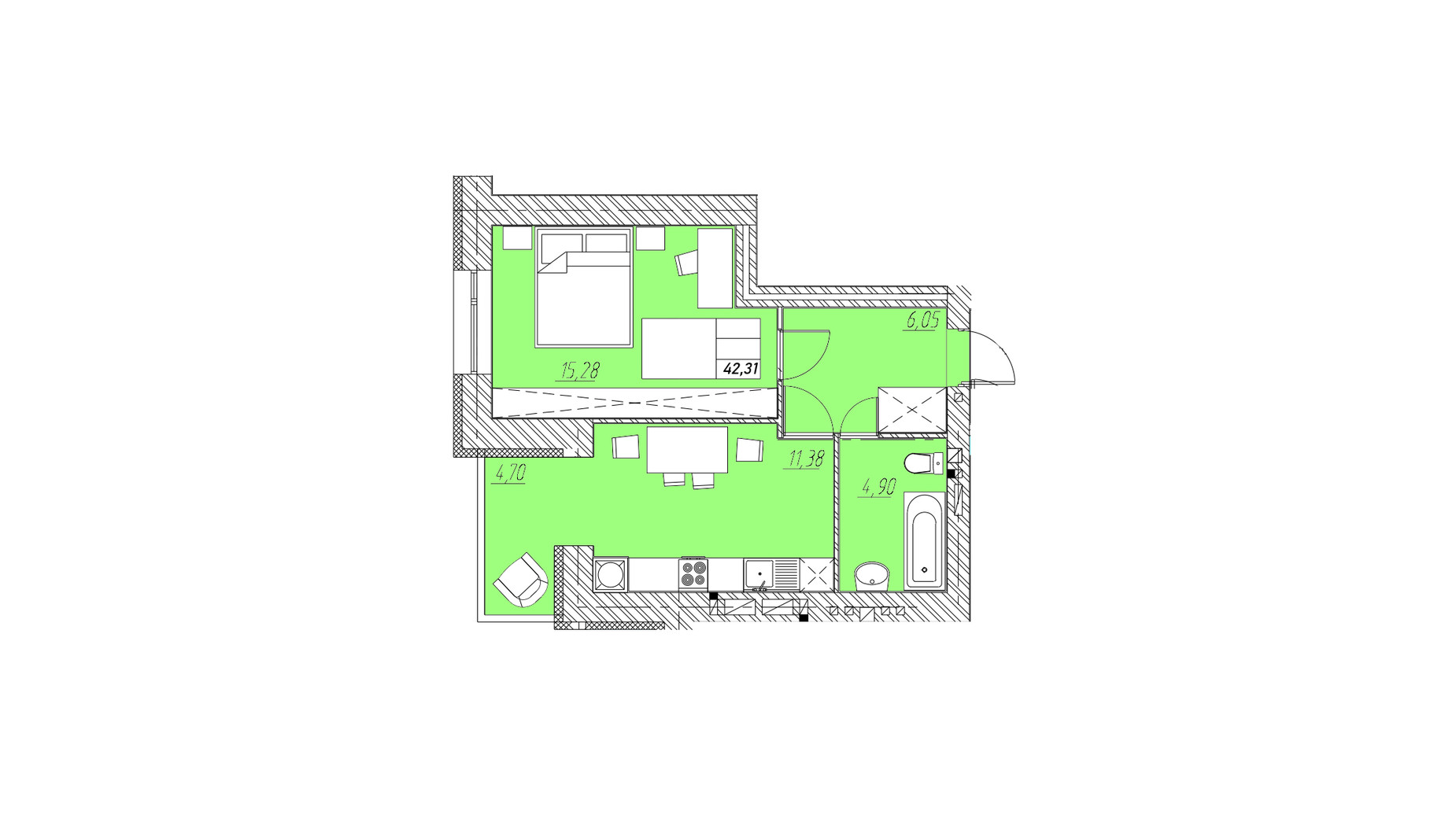 Планировка 1-комнатной квартиры в ЖК на Шептицкого 42.31 м², фото 665911