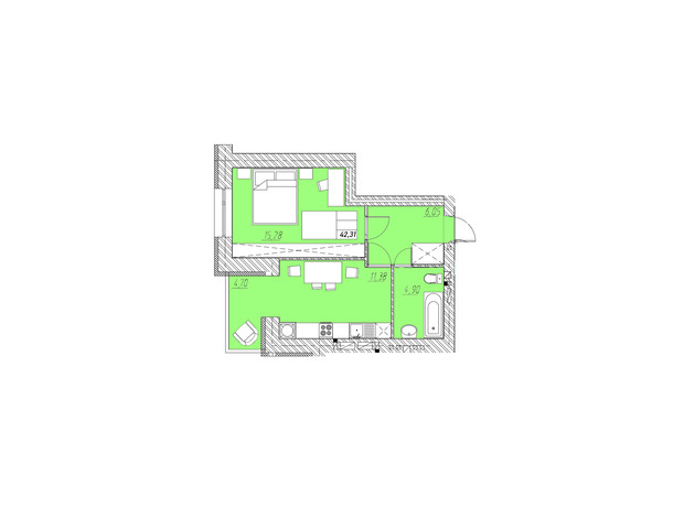 ЖК на Шептицкого: планировка 1-комнатной квартиры 42.31 м²