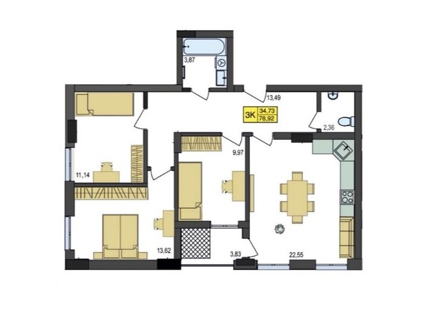 ЖК Амстердам: планування 3-кімнатної квартири 78.92 м²