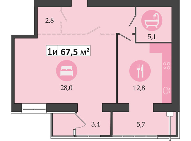 ЖК Дніпровська Брама 2: планування 1-кімнатної квартири 67.5 м²