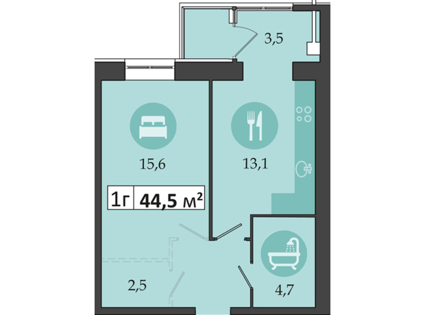 ЖК Днепровская Брама 2: планировка 1-комнатной квартиры 44.5 м²