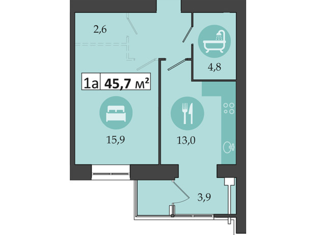 ЖК Днепровская Брама 2: планировка 1-комнатной квартиры 45.7 м²