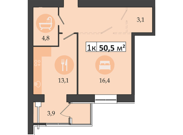 ЖК Днепровская Брама 2: планировка 1-комнатной квартиры 50.5 м²