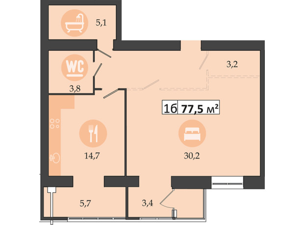 ЖК Днепровская Брама 2: планировка 1-комнатной квартиры 77.5 м²