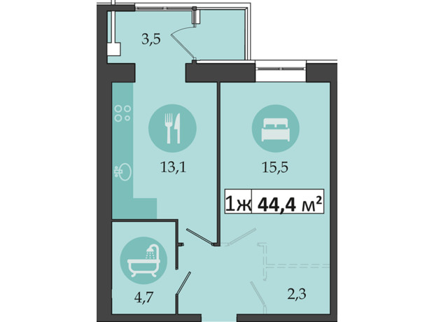 ЖК Дніпровська Брама 2: планування 1-кімнатної квартири 44.4 м²