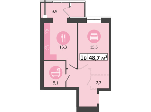 ЖК Днепровская Брама 2: планировка 1-комнатной квартиры 48.7 м²