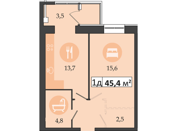 ЖК Днепровская Брама 2: планировка 1-комнатной квартиры 45.4 м²