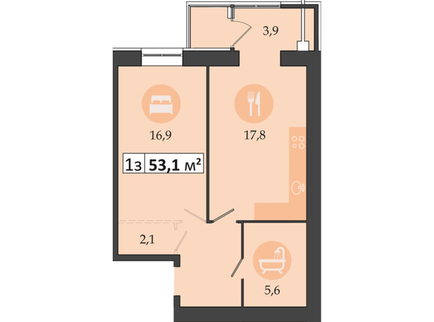 ЖК Дніпровська Брама 2: планування 1-кімнатної квартири 53.1 м²