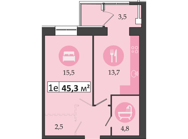 ЖК Дніпровська Брама 2: планування 1-кімнатної квартири 45.3 м²