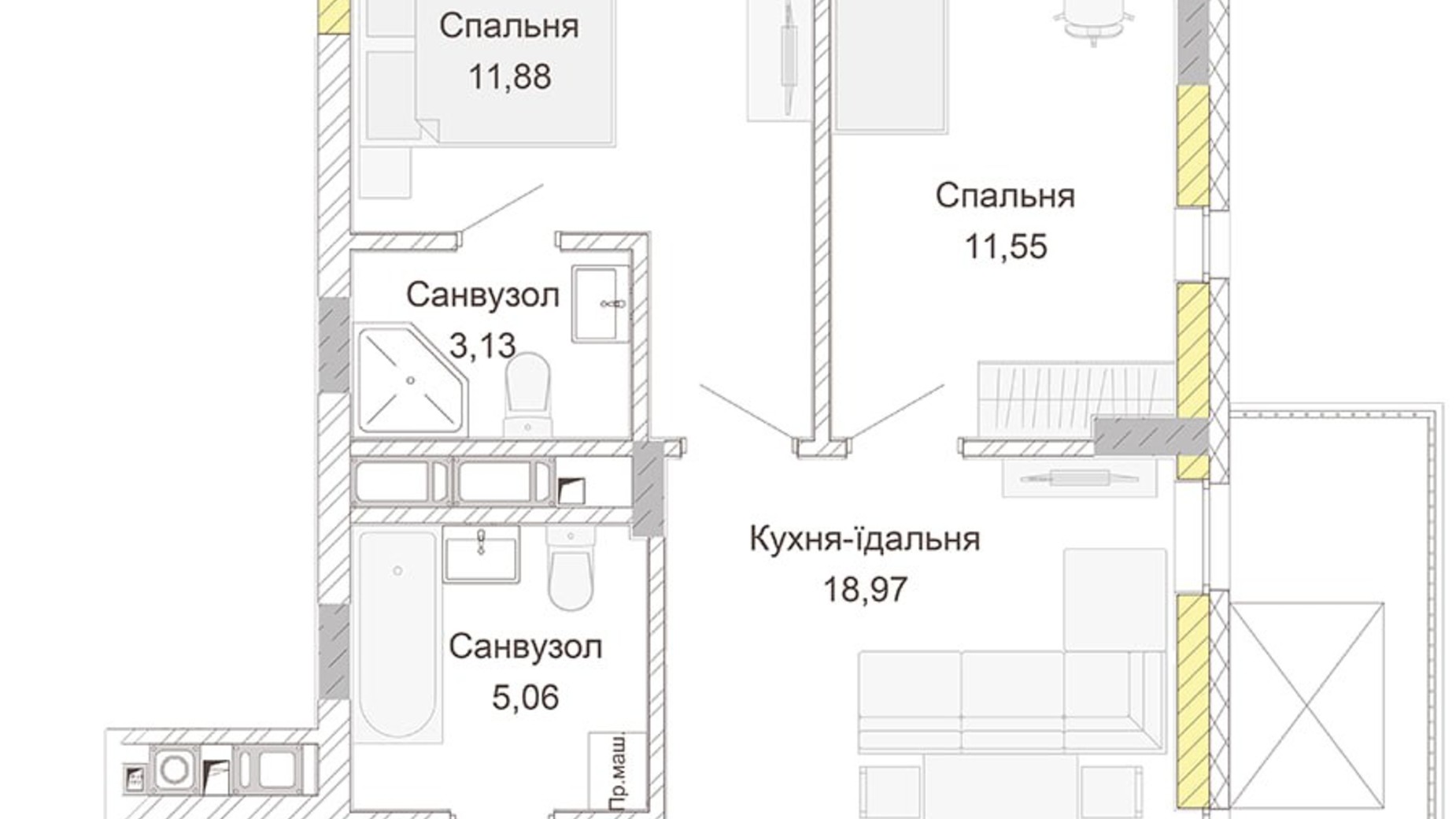 Планировка 2-комнатной квартиры в ЖК Empatika 58.99 м², фото 666442