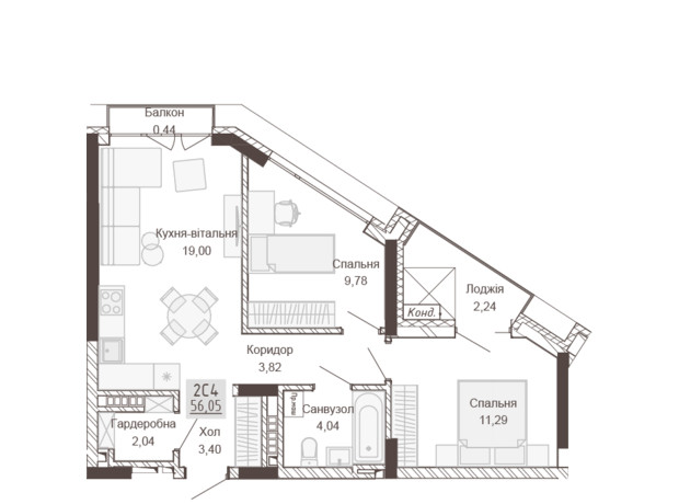 Апарт-комплекс Pokrovsky Apart Complex: планування 2-кімнатної квартири 56.05 м²