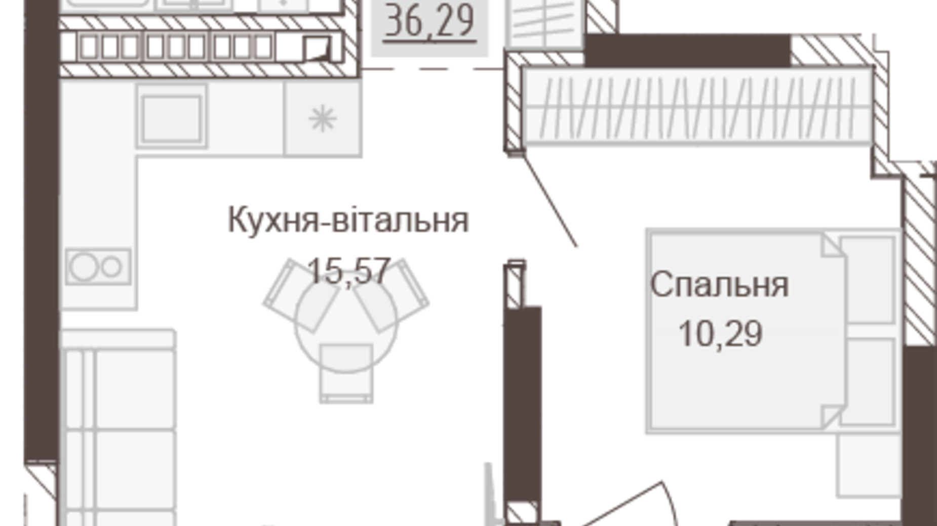 Планировка 1-комнатной квартиры в Апарт-комплекс Pokrovsky Apart Complex 36.29 м², фото 666550