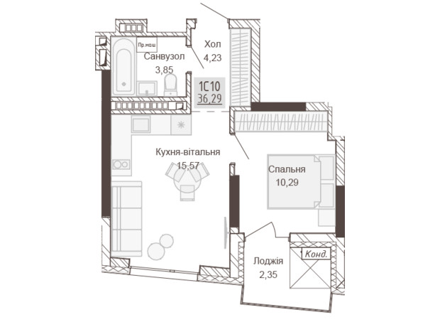 Апарт-комплекс Pokrovsky Apart Complex: планування 1-кімнатної квартири 36.29 м²