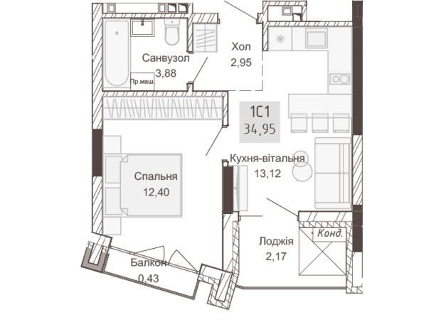 Апарт-комплекс Pokrovsky Apart Complex: планування 1-кімнатної квартири 34.95 м²