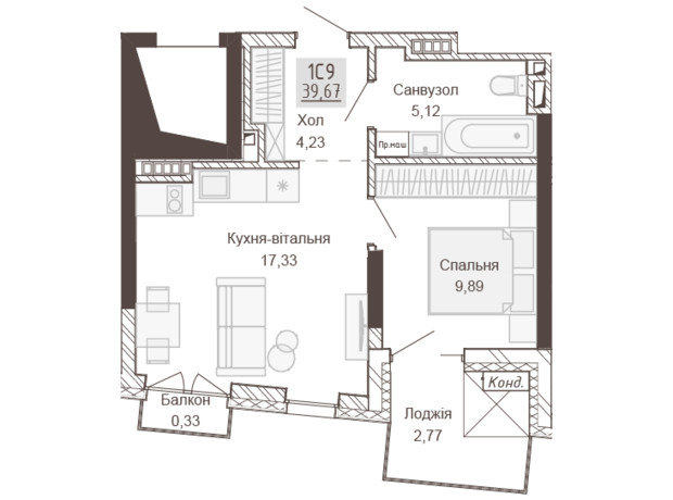 Апарт-комплекс Pokrovsky Apart Complex: планування 1-кімнатної квартири 39.67 м²