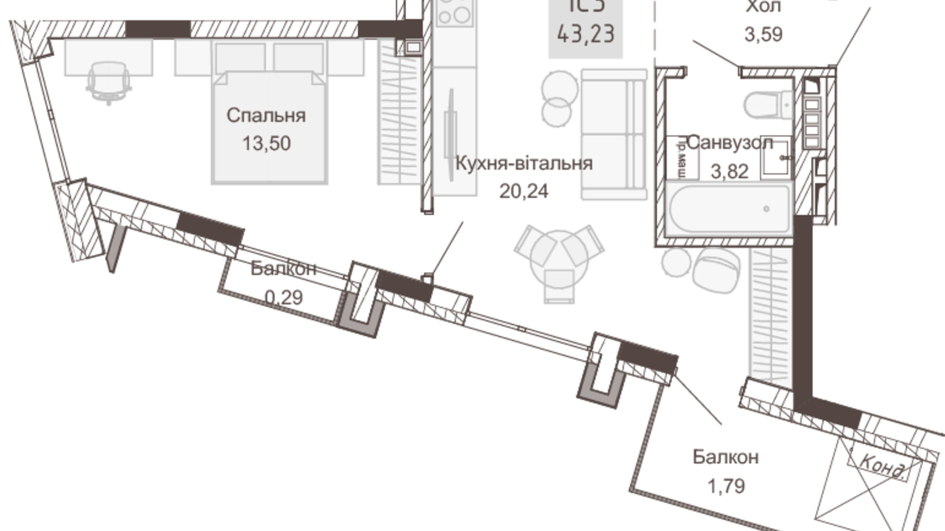 Планировка 1-комнатной квартиры в Апарт-комплекс Pokrovsky Apart Complex 43.11 м², фото 666554