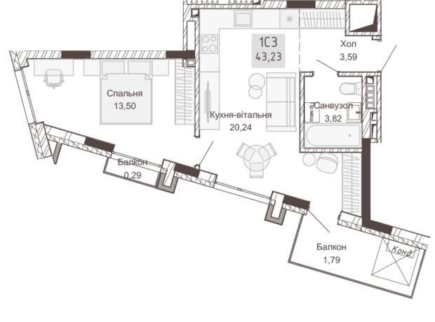 Апарт-комплекс Pokrovsky Apart Complex: планування 1-кімнатної квартири 43.11 м²