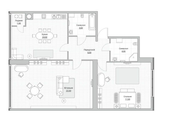 ЖК Евромісто: планування 2-кімнатної квартири 81.5 м²