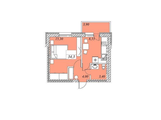 ЖК на Шептицкого: планировка 1-комнатной квартиры 34.3 м²