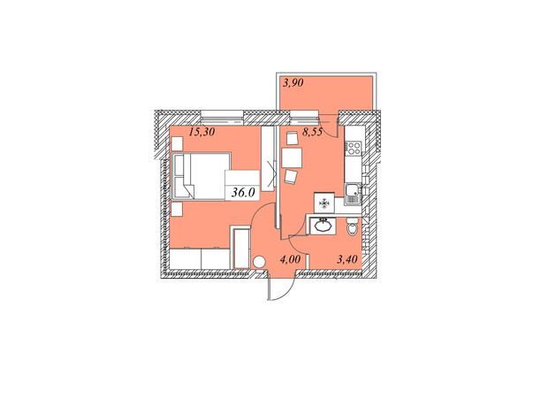 ЖК на Шептицкого: планировка 1-комнатной квартиры 36 м²