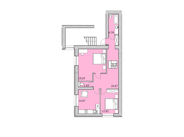 ЖК на Шептицкого: планировка 2-комнатной квартиры 71 м²