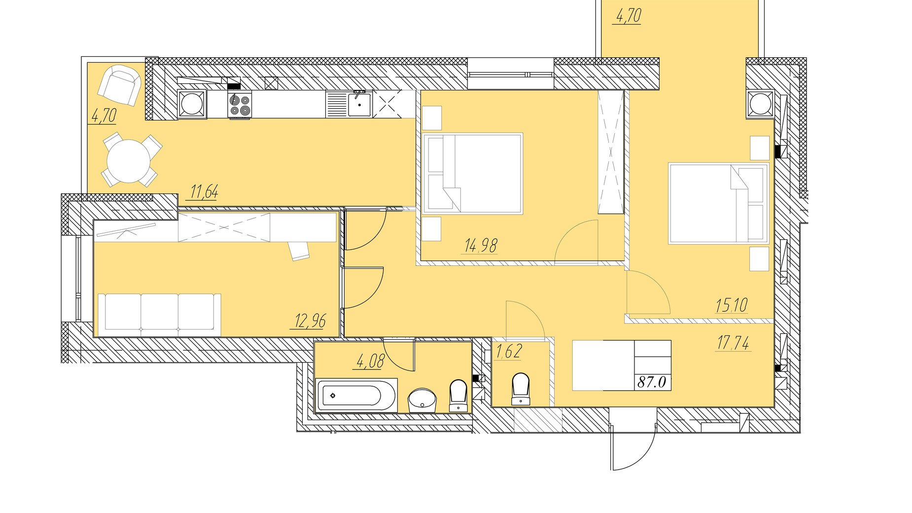 Планировка 3-комнатной квартиры в ЖК на Шептицкого 87 м², фото 667482