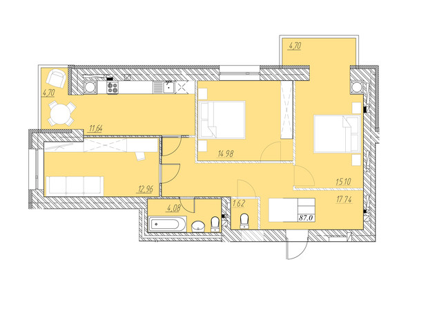 ЖК на Шептицкого: планировка 3-комнатной квартиры 87 м²