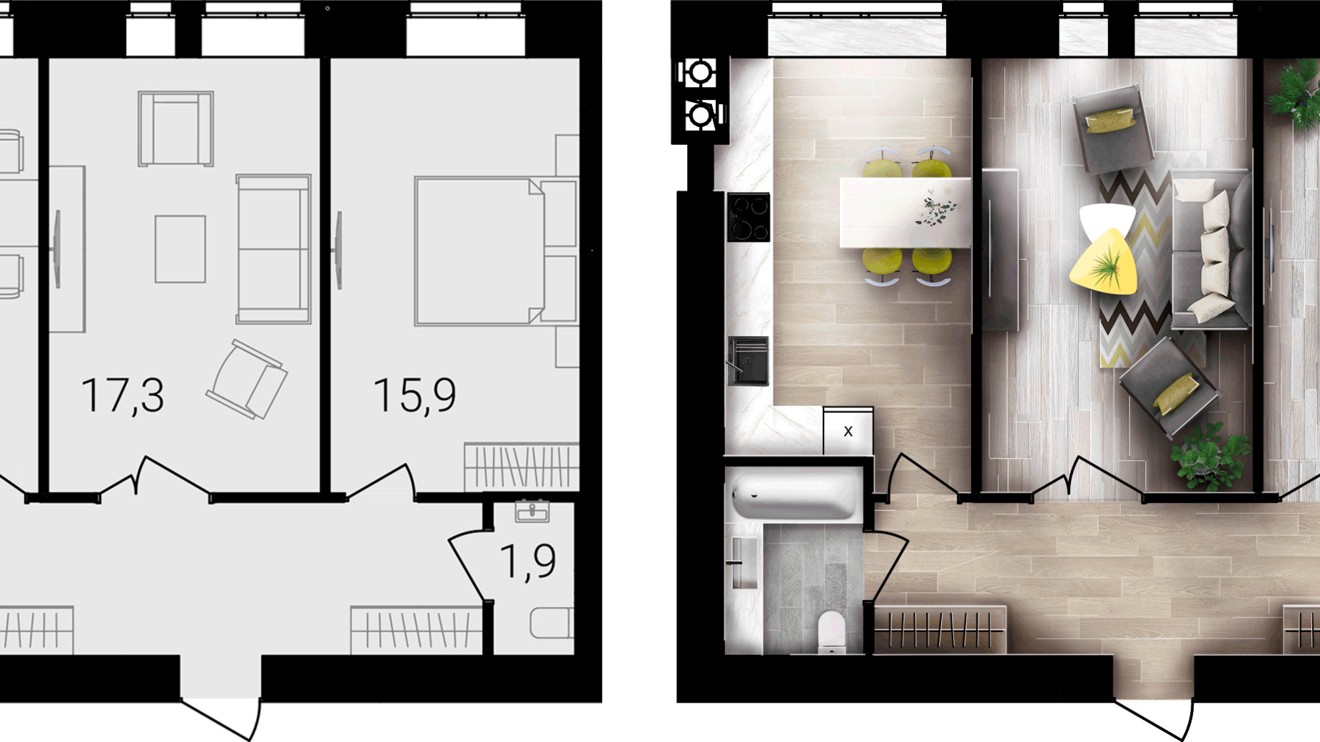 Планування 2-кімнатної квартири в ЖК Forest Home 66 м², фото 667709