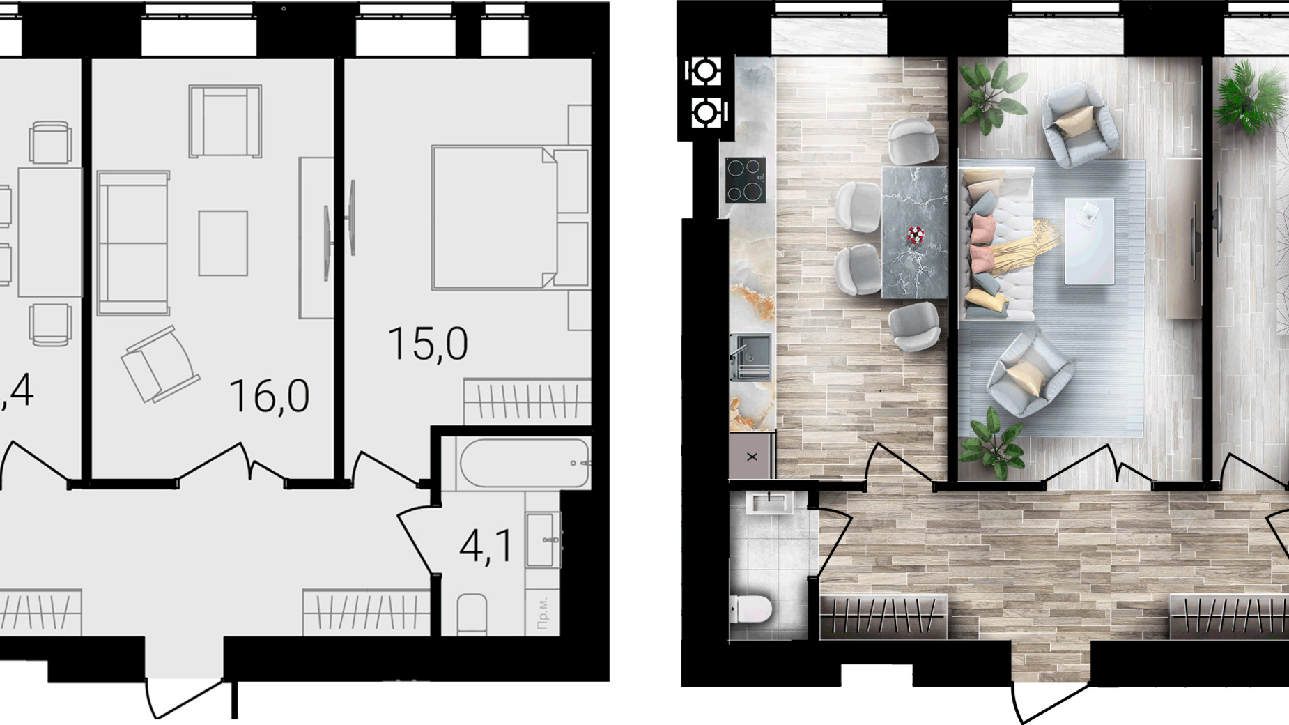 Планування 2-кімнатної квартири в ЖК Forest Home 62 м², фото 667710