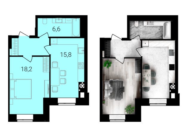 ЖК Forest Home: планування 1-кімнатної квартири 46.3 м²