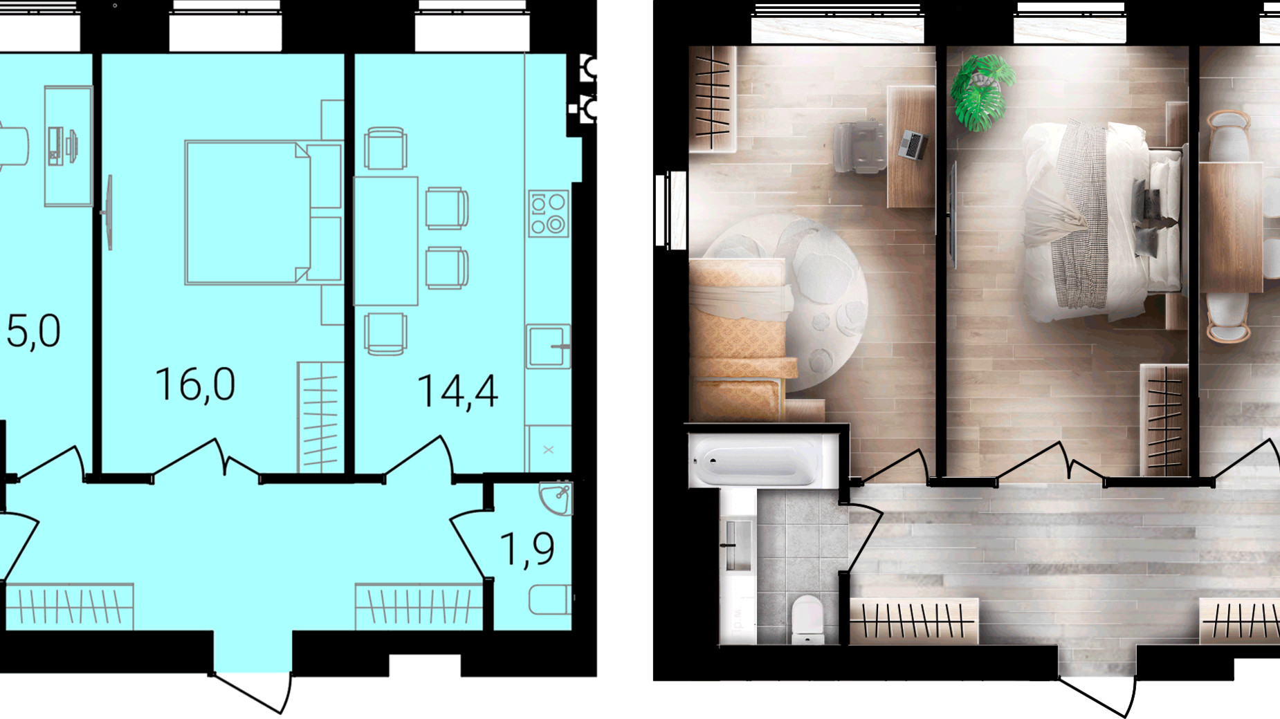 Планировка 2-комнатной квартиры в ЖК Forest Home 62 м², фото 667712