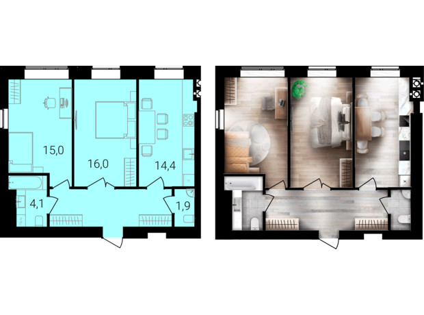 ЖК Forest Home: планировка 2-комнатной квартиры 62 м²