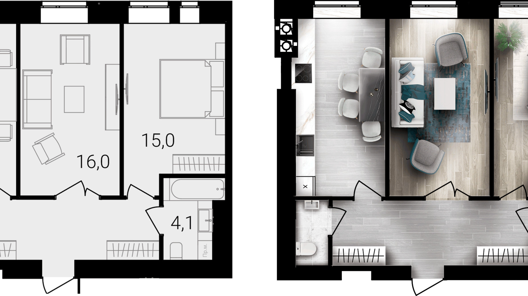 Планування 2-кімнатної квартири в ЖК Forest Home 62 м², фото 667716