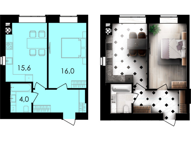 ЖК Forest Home: планування 1-кімнатної квартири 43.4 м²