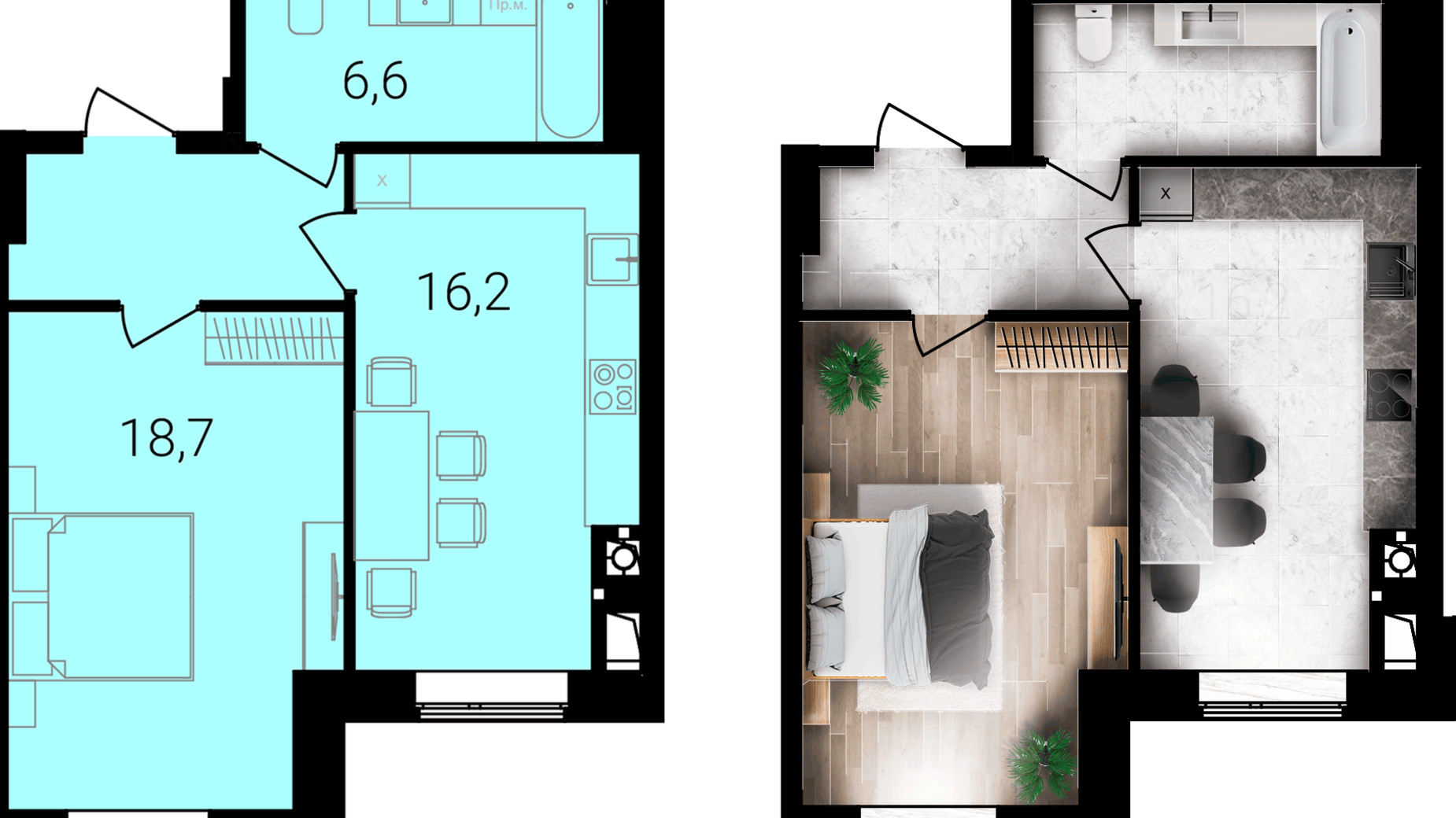 Планування 1-кімнатної квартири в ЖК Forest Home 47.1 м², фото 667720