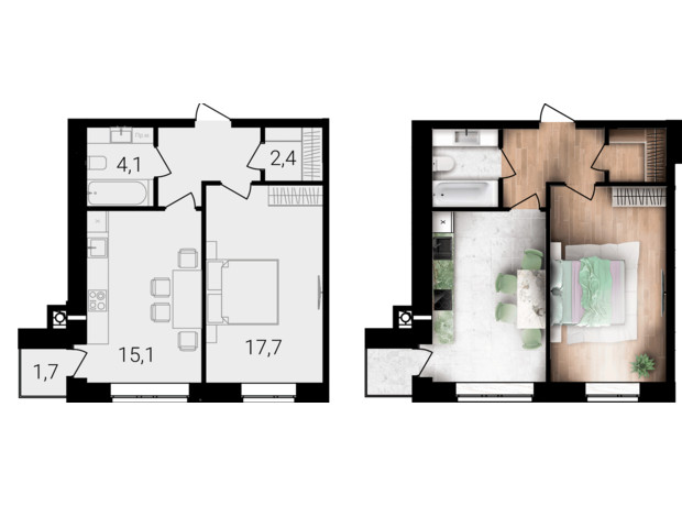 ЖК Forest Home: планування 1-кімнатної квартири 46.1 м²