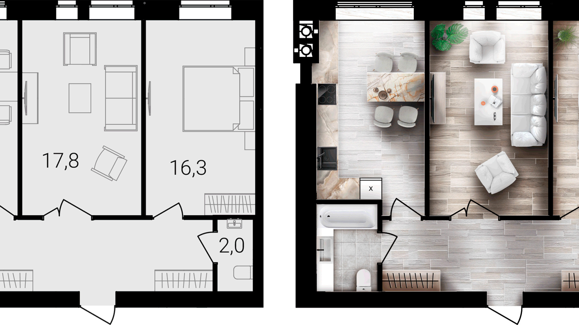 Планування 2-кімнатної квартири в ЖК Forest Home 68.4 м², фото 667726