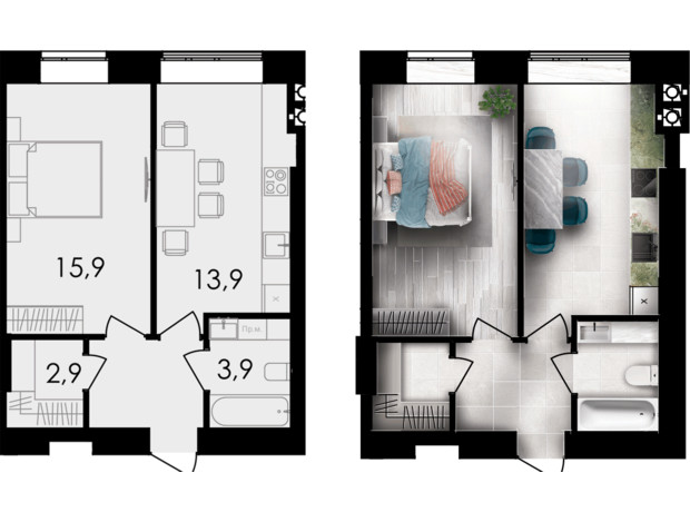 ЖК Forest Home: планировка 1-комнатной квартиры 41.1 м²