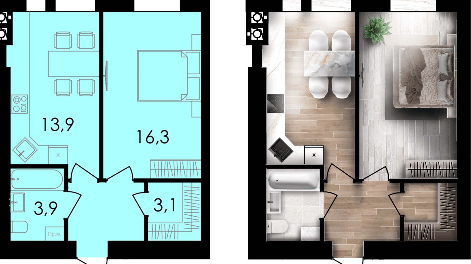 Планування 1-кімнатної квартири в ЖК Forest Home 41.7 м², фото 667772