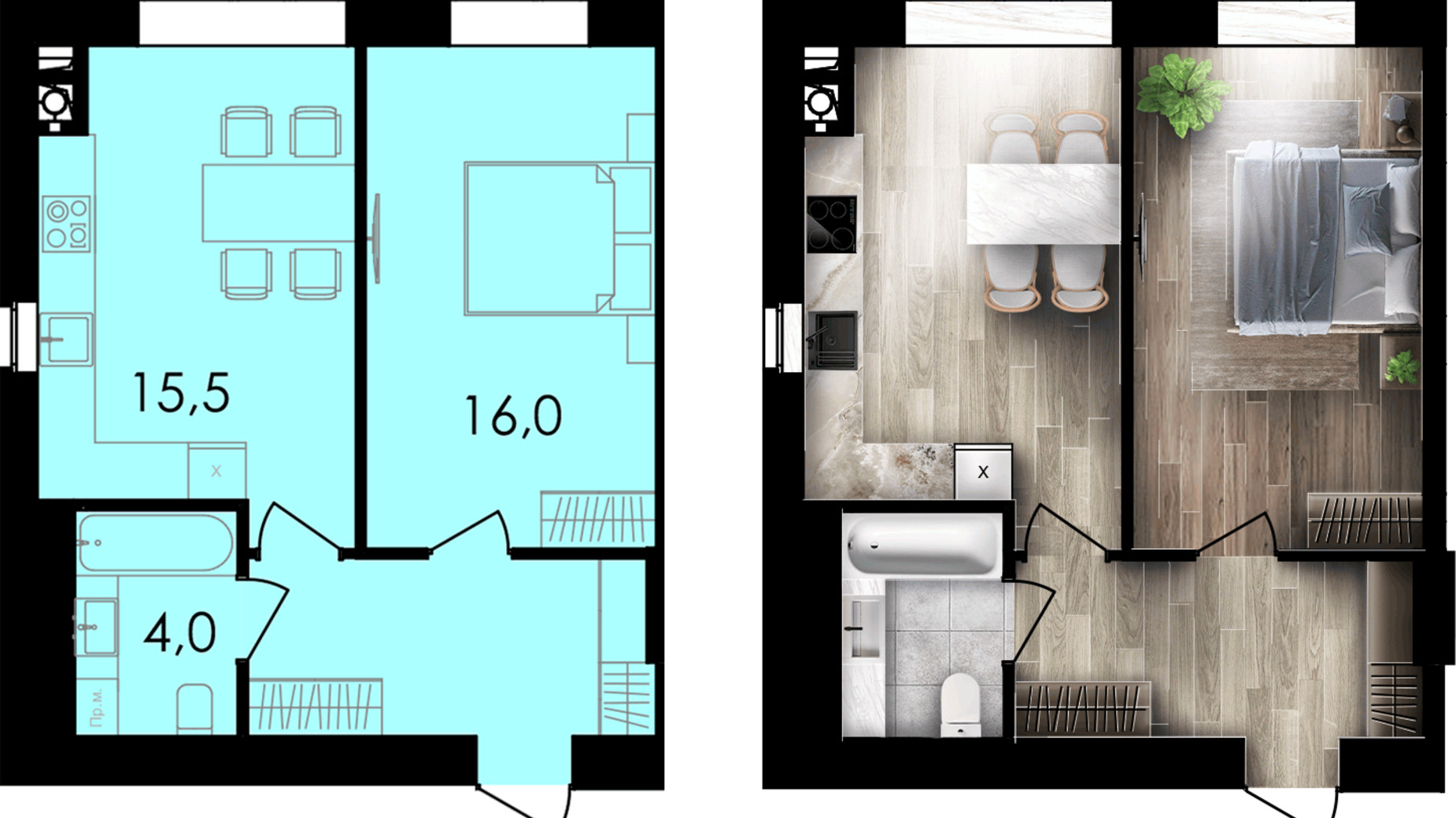 Планировка 1-комнатной квартиры в ЖК Forest Home 43.4 м², фото 667773