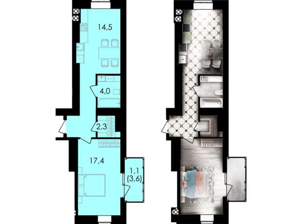 ЖК Forest Home: планування 1-кімнатної квартири 45.5 м²