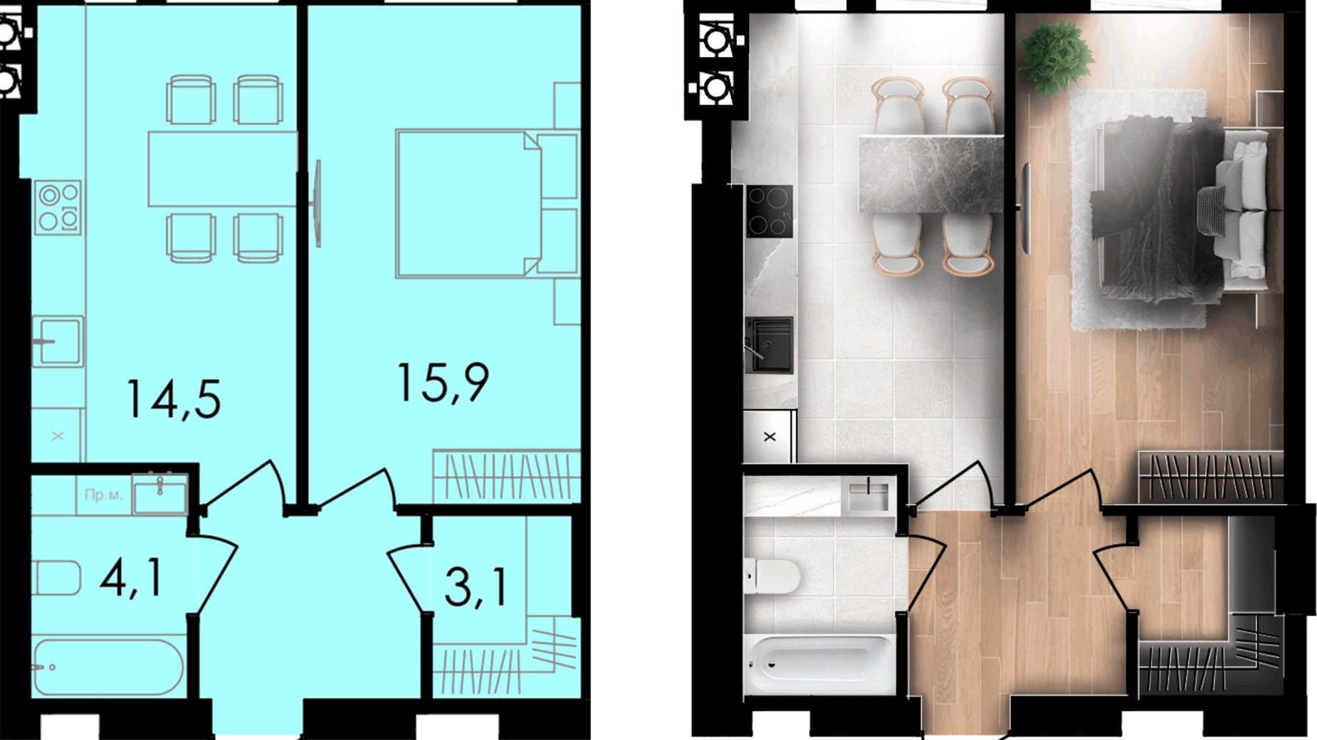 Планування 1-кімнатної квартири в ЖК Forest Home 42.4 м², фото 667811
