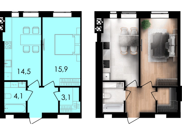 ЖК Forest Home: планування 1-кімнатної квартири 42.4 м²