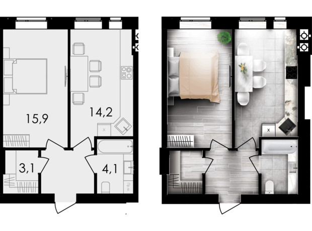 ЖК Forest Home: планировка 1-комнатной квартиры 42.2 м²