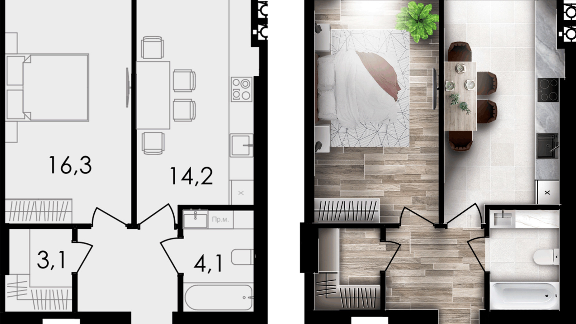 Планировка 1-комнатной квартиры в ЖК Forest Home 42.5 м², фото 667814