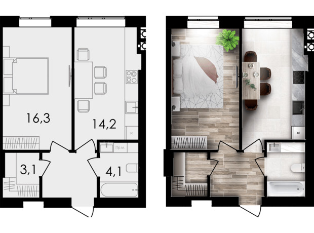 ЖК Forest Home: планування 1-кімнатної квартири 42.5 м²