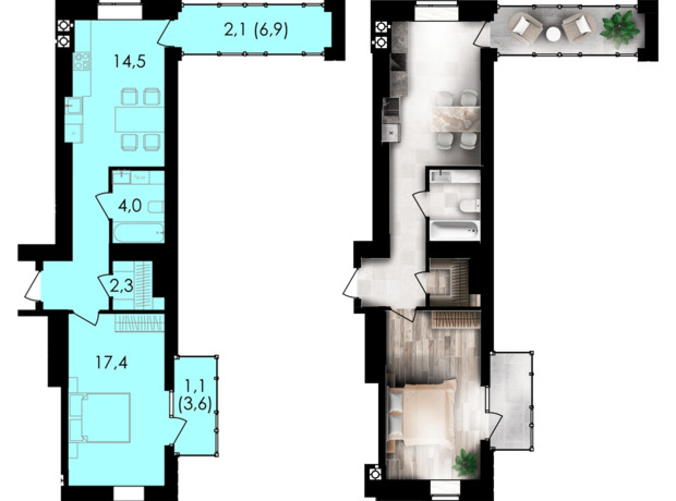 ЖК Forest Home: планування 1-кімнатної квартири 47.6 м²