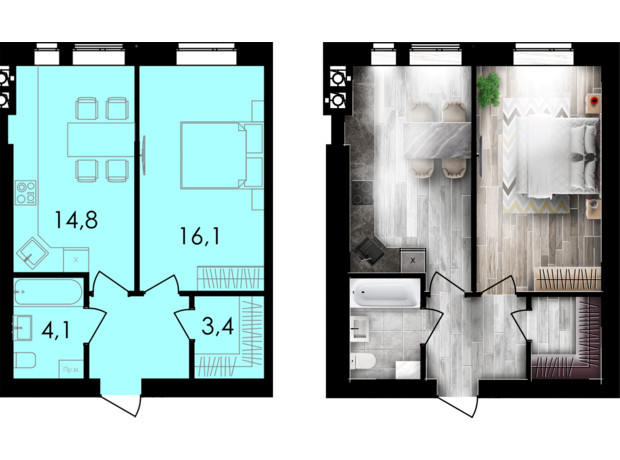 ЖК Forest Home: планування 1-кімнатної квартири 43.2 м²